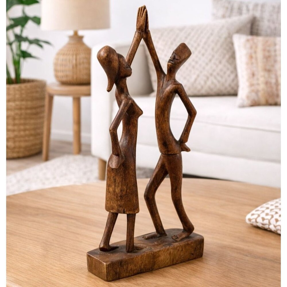 Vintage Hand-Carved Wooden Dancing Couple Sculpture 12" Tall Home Décor Accent